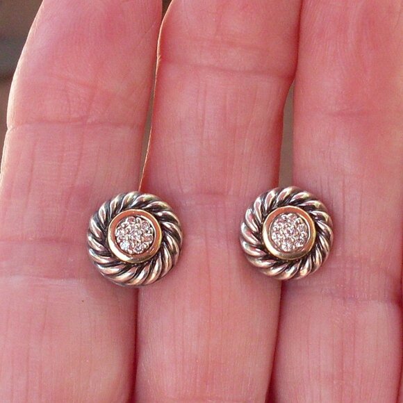 Retired David Yurman Diamond Cookie Earrings - 18K/925 - Picture 1 of 8